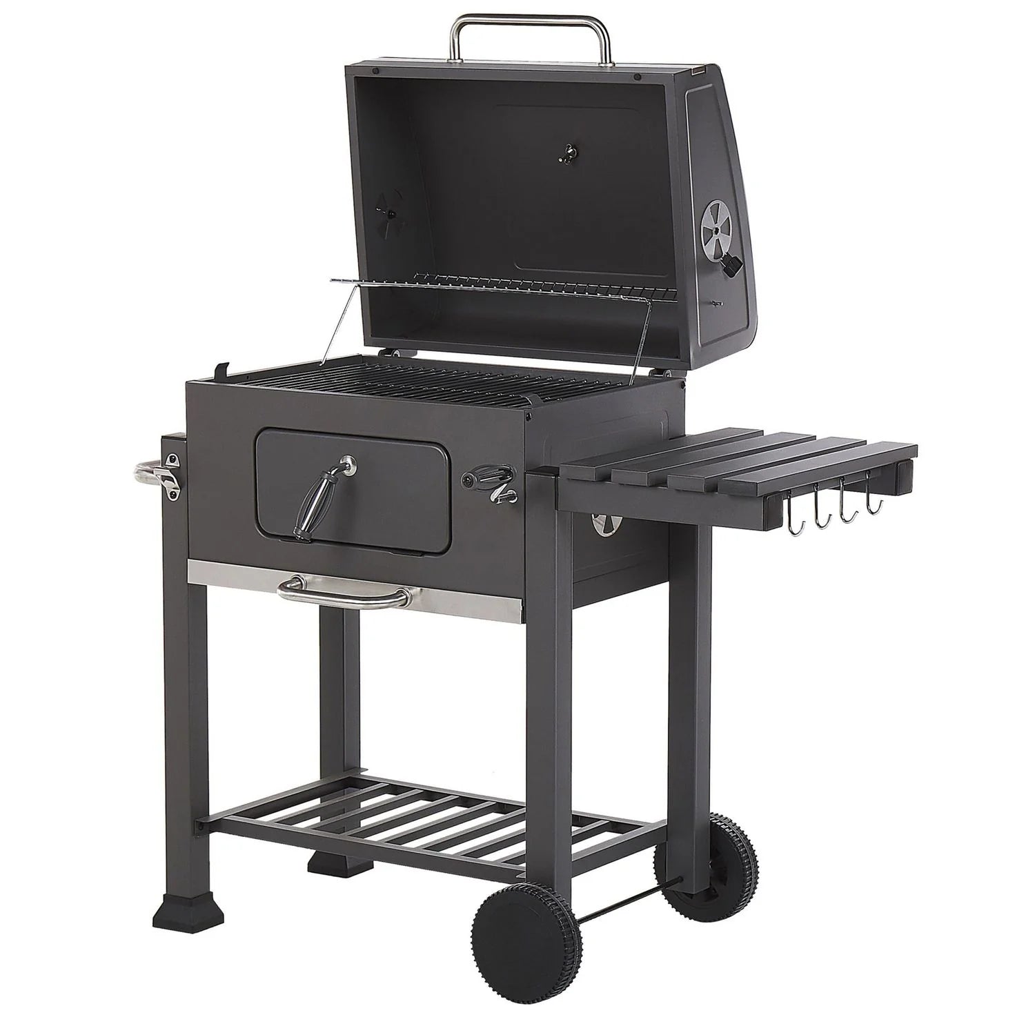 Barbacoa De Carbón Parrilla De Acero Gris Con Tapa Rejilla Ruedas 2 Estantes Termómetro Cenicero Extraíble Jardín Pavlof - Gris